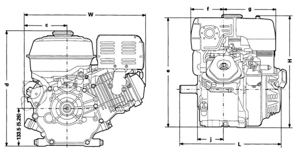 Front and side view of GX270 engine, dimensions displayed for height and width