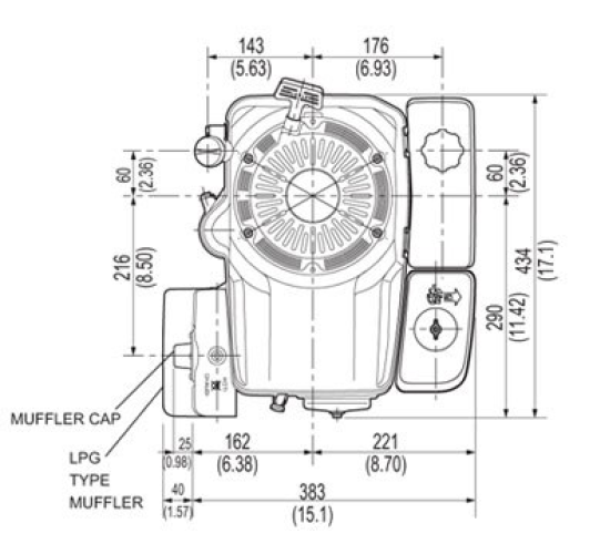 Front and side view of GXV390 engine, dimensions displayed for height and width