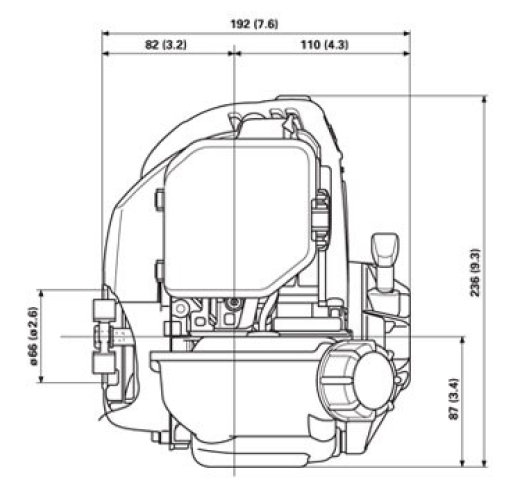 Front and side view of GX35 engine, dimensions displayed for height and width