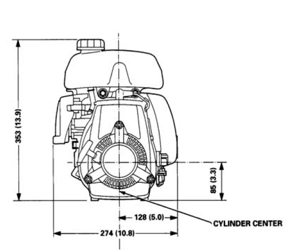 Front and side view of GXH50 engine, dimensions displayed for height and width