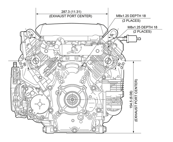 Vue avant et côté du moteur GX120, dimensions affichées pour la hauteur et la largeur
